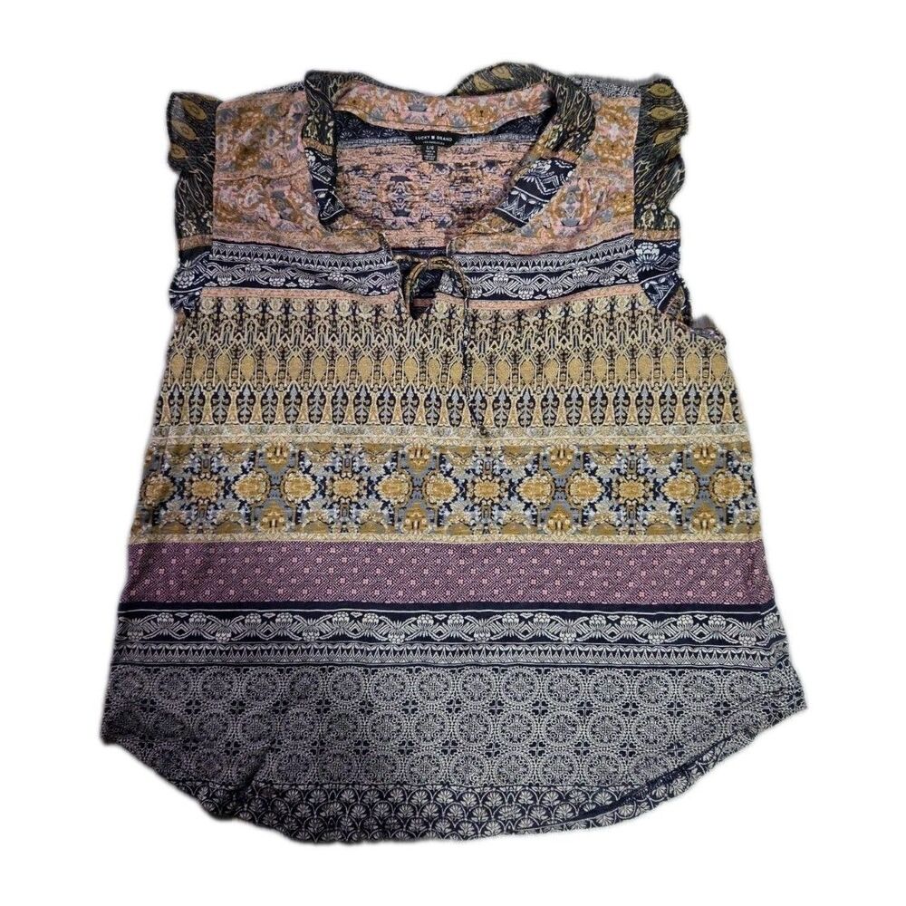 Lucky Brand Boho Mixed Print Sleeveless Tie Neck Blouse Top Modal Blend Sz L EUC